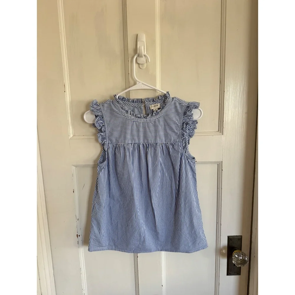 J.Crew Blue Striped Ruffleneck shirred top in cotton poplin size 2 - Picture 1 of 7